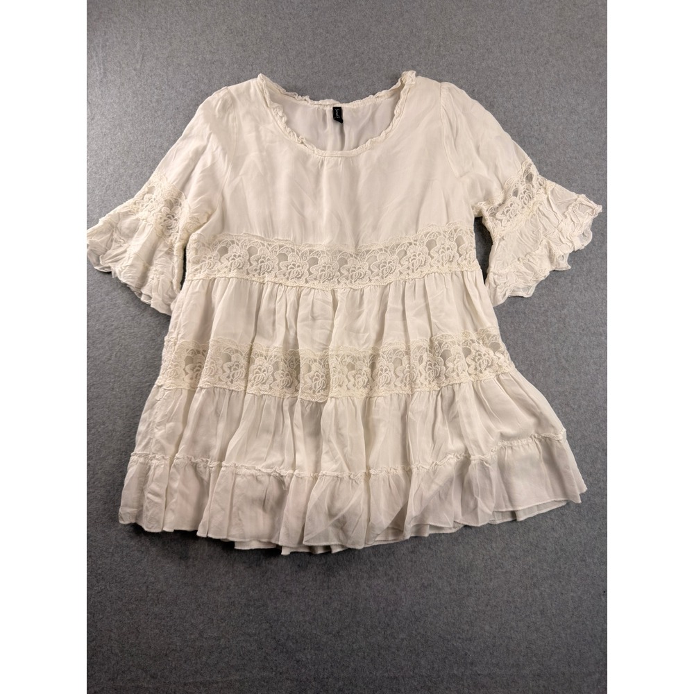 Cottagecore Coquette Fairy White Lace  Boho Peasant Blouse Bell Sleeve Top Large